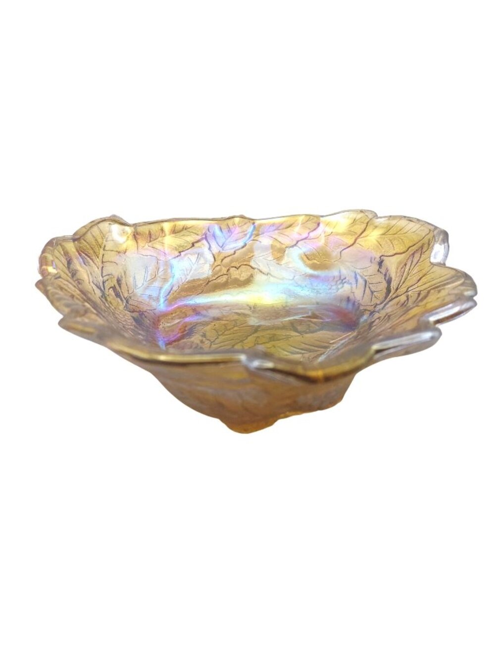 Indiana Carnival Glass Bowl Triangular Marigold Amber Loganberry Leaf Vintage